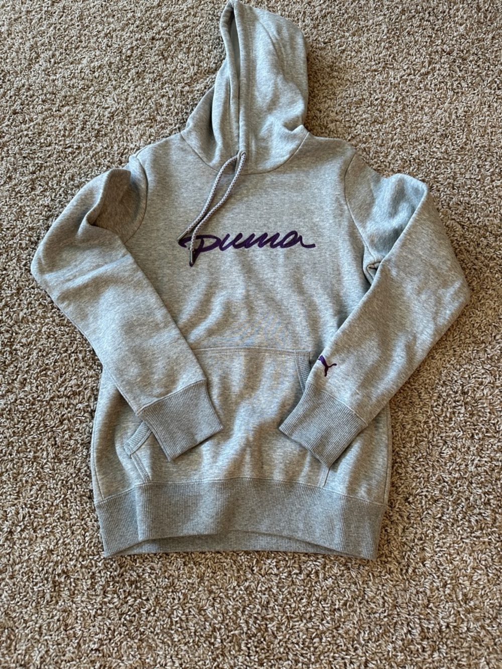 Puma Women's Light Gray Hoodie with Purple Script Logo